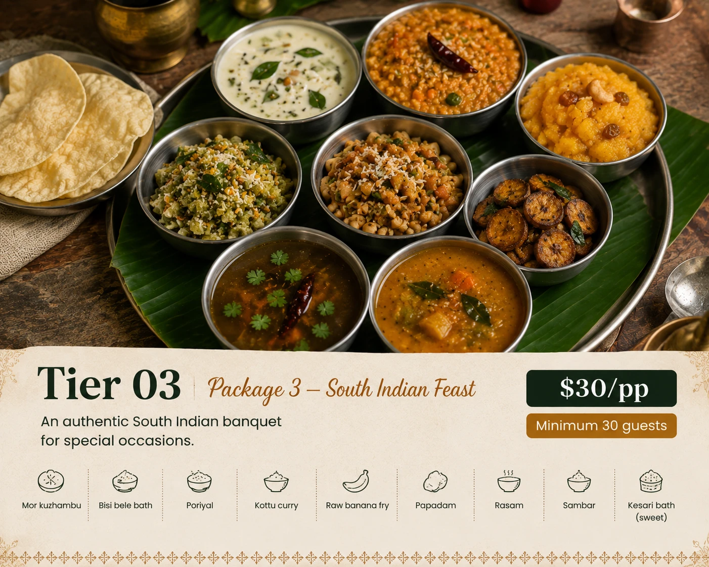 Package 3 — South Indian Feast — An authentic South Indian banquet for special occasions.
